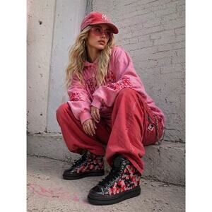 KROJAY Crochet High Top Boots Black Pink Red Chunky Streetwear RARE Womens 9